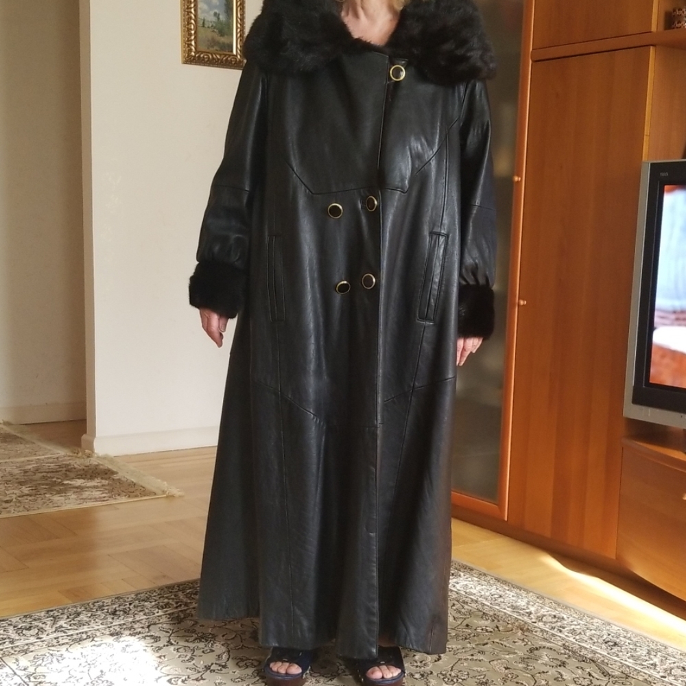 Leather coat with mink collar.